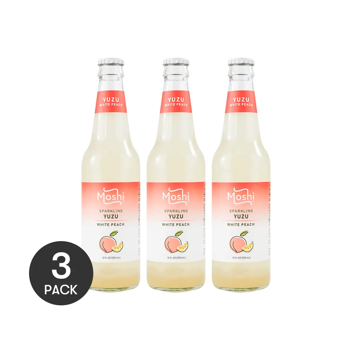 3 Pack Moshi Yuzu White Peach Flavor Sparkling Water 12 fl oz - Real Juice, Refreshing Japanese Beverage