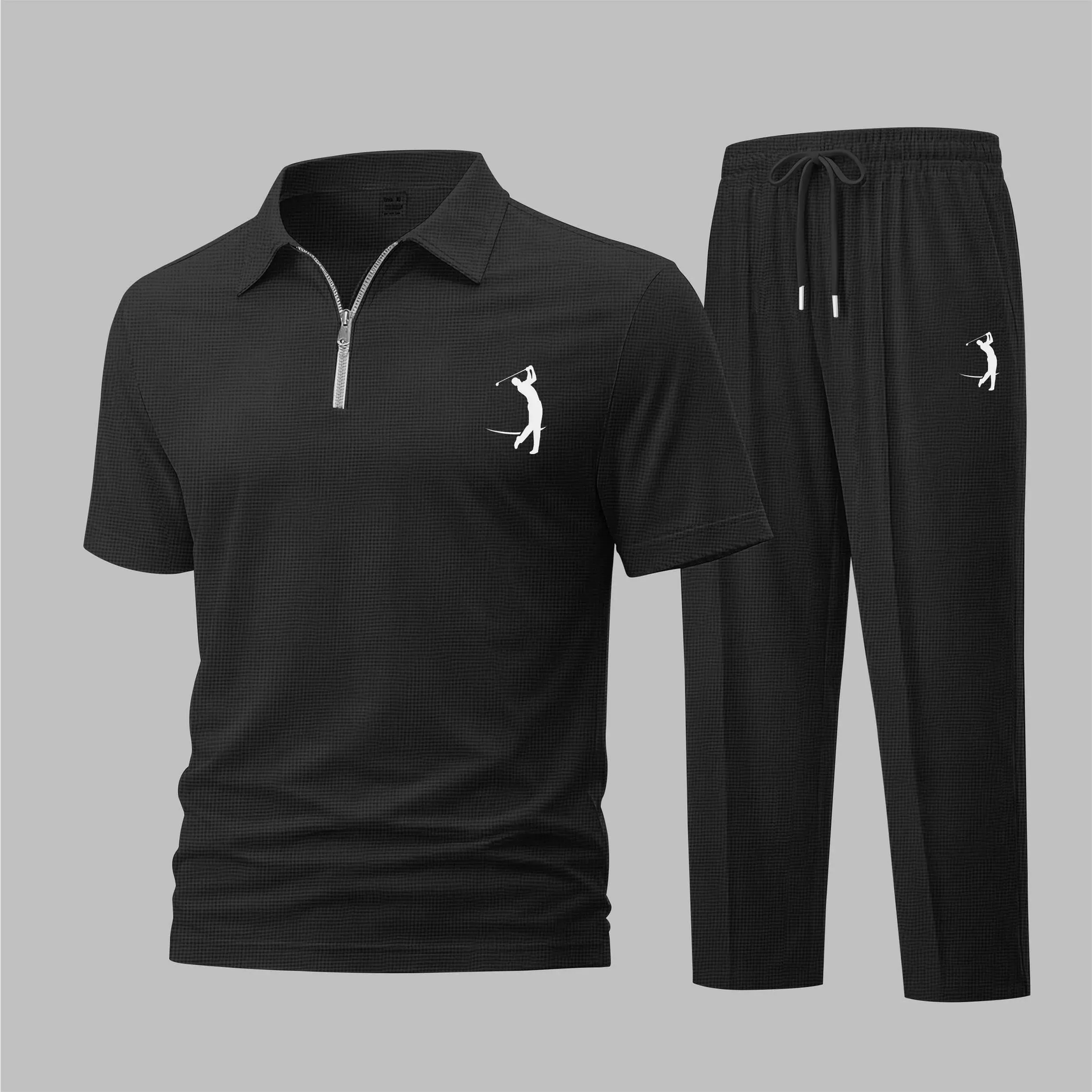 Men's Daily Look: Golf Polo With The Mountain Ranged Print Waffle Knit Polo Shirt and Athletic Pants Set, Short Sleeve Zip-Up Collar Two-Piece Outfit, Casual Sportswear, Lightweight Breathable Comfortable Daily Wear Travel Loungewear