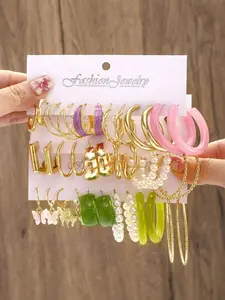 36pcs Boho Earring Set, Resin Material, Twisted Metal & Faux Pearl Beads, Butterfly Pendant, Low Allergy, Fashion Jewelry for Women