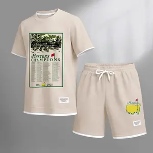 Men's Golf Club print drawstring shorts set for spring/summer, a casual summer outfit including a short-sleeved shirt and shorts, suitable for everyday wear and sports. A two-piece set for a relaxed and energetic lifestyle.