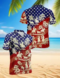 Amazing Us Team Roping Red Navy Color Unisex Hawaiian Shirts Beach, Button Down Short Sleeve Pattern Hawaiian Shirt Man