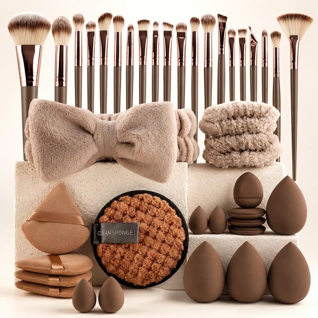 20 or 40PCS Brown Professional All-in-1 Beauty Tool Kit, Soft Synthetic Face & Eye Brushes with Sponge Puff, Headband & Cleaning Accessories for Daily Makeup Routine, Holiday Gifts for Women Girls