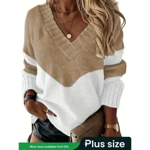 Plus Size V Neck Loose Fit Colorblock Knit Sweater, Casual Fall & Winter Fashion, Women's Long Sleeve Pullover, Comfortable and Stylish