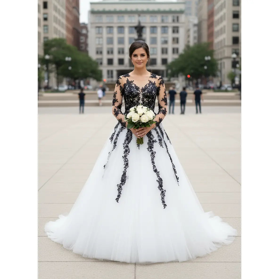 Lena Black and White Wedding Dress with Illusion Sleeves and Open Back  Medieval Wedding Dress  Gothic Wedding Dress