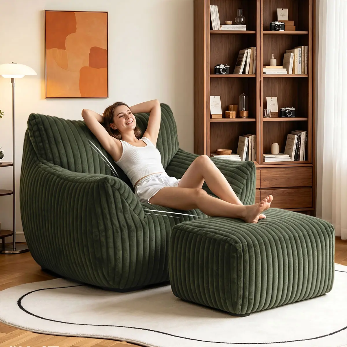 【1 Package】Oversized Corduroy Plush Bean Bag Chaise Lounge Chair with Ottoman, High Resiliency Cloud Floor Sofa with Supportive Armrests & Ergonomic Design, Dorm Room Home Office Movie Nights Single Furniture sohochic