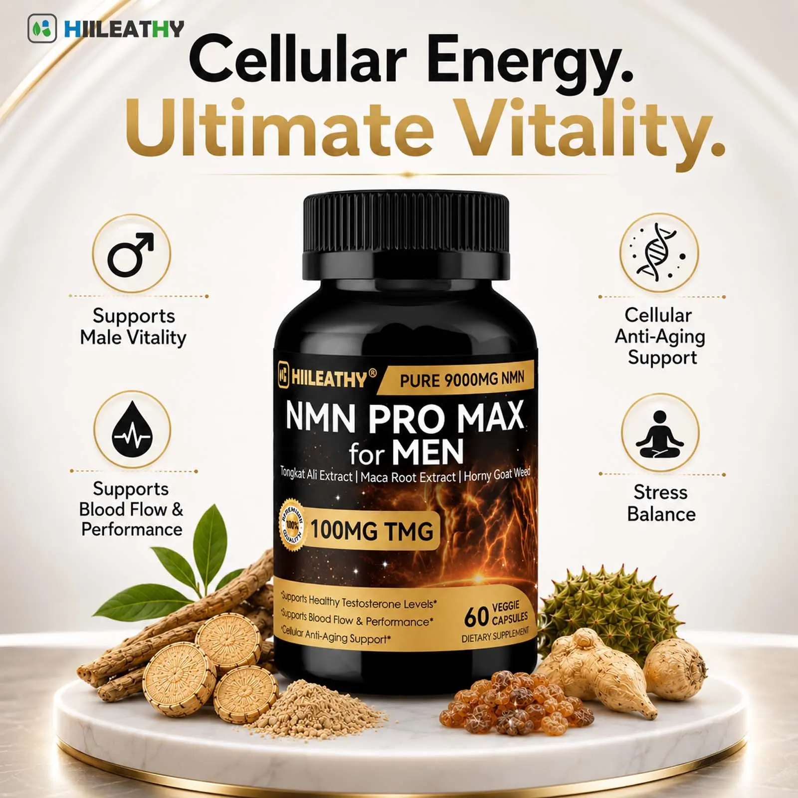 HIILEATHY NMN Pro Max Dietary Supplement - NMN, TMG, Zinc, Quercetin, Energy Metabolism Support, Antioxidant Support - 60 Veggie Capsules