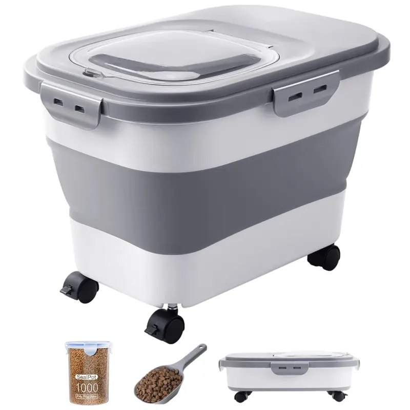 RollSeal Fold Food Storage Container with Wheels and Scoop for Easy Access and Organization Compact Design Foldable Space Saving Pet all  natural  dog  products pet  food  lids Portable Dog Car Seat Safety Tether