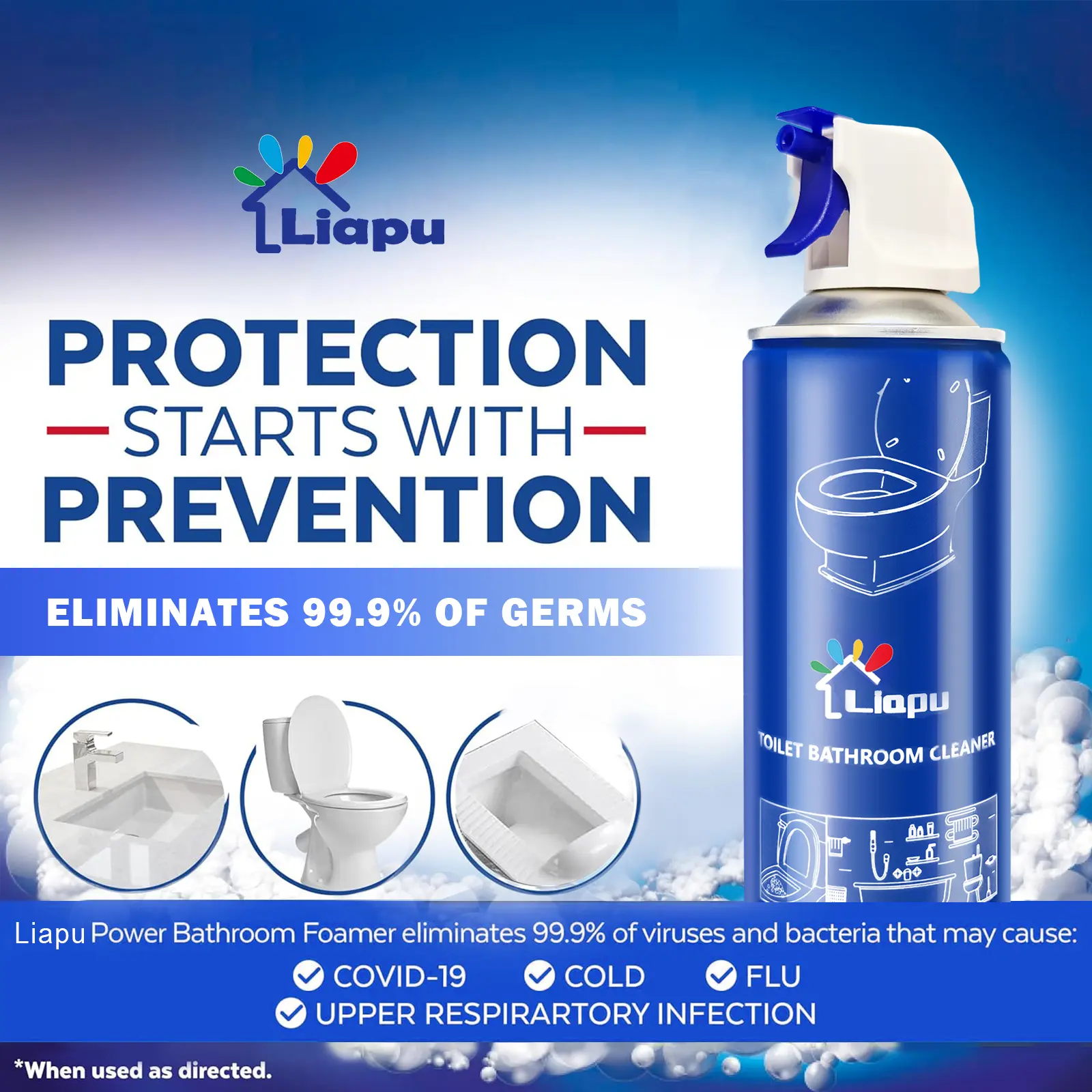 Liapu Household Antiseptic Disinfectant Foam Cleaner Spray - 99.9% Bacteria Eliminator, Stain Remover Spray, 30-Second Bathroom Deep Clean, No Double Scrubbing