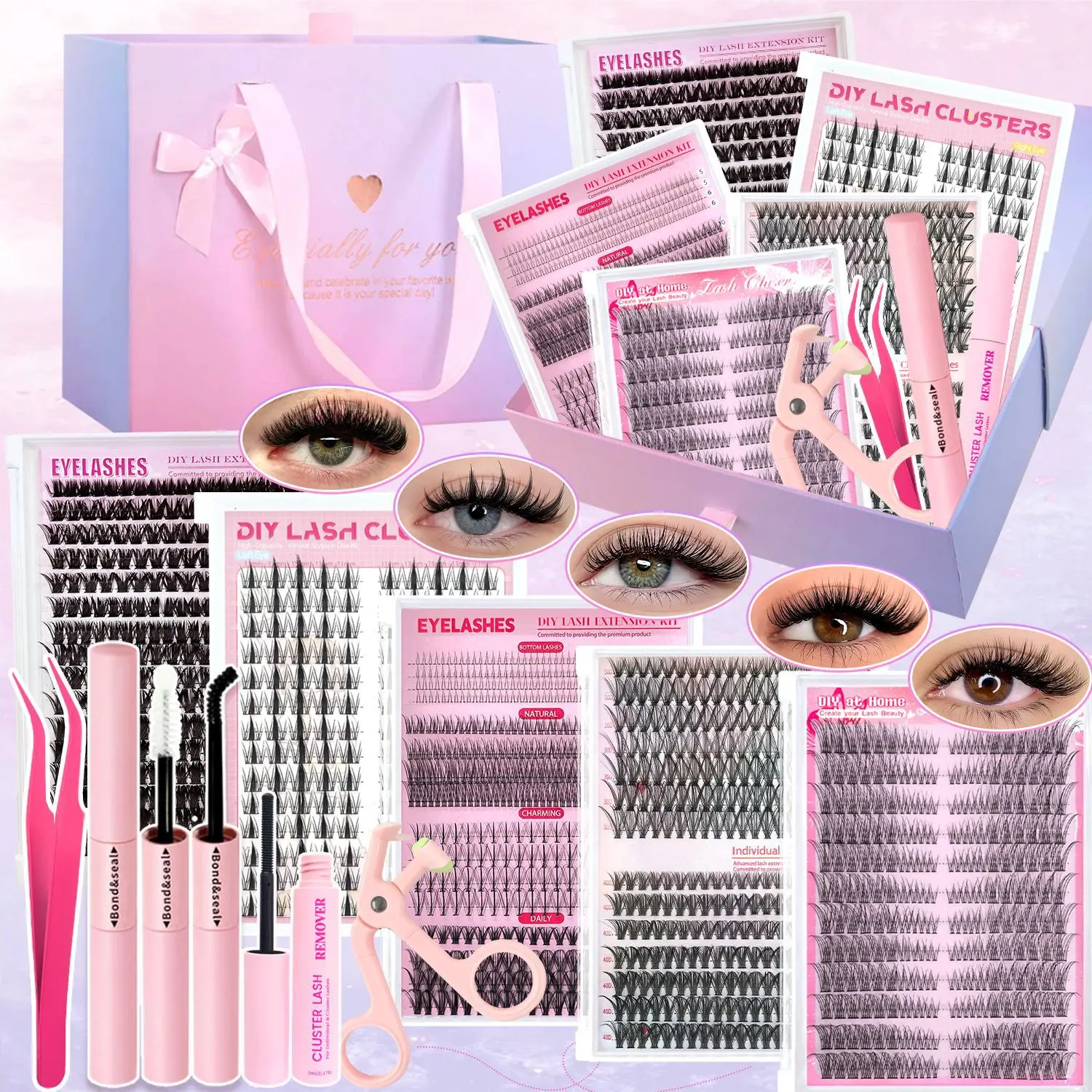DIY Lash Extension Kit - Large Capacity Lash Book with Wispy Cluster Lashes - Segmented Natural to Volume Mix - Salon Look DIY Lashes