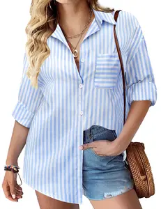 Women's Plus Size Lady Basic Longsleeves Cotton Button Down Blouse - Soft, Comfortable, Oversized Striped Collared Loose Fit, Breathable Lightweight Solid Fabric Top with Pocket, Casual Clothes,summervibes