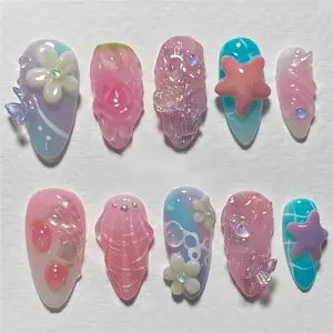 10 Pcs 3D Summer Ocean Theme False Nails, Almond Nail Tips, Almond Shape, Glossy Finish, Reusable, Y2K Style, Perfect for Parties and Daily Wear, Flower Nails