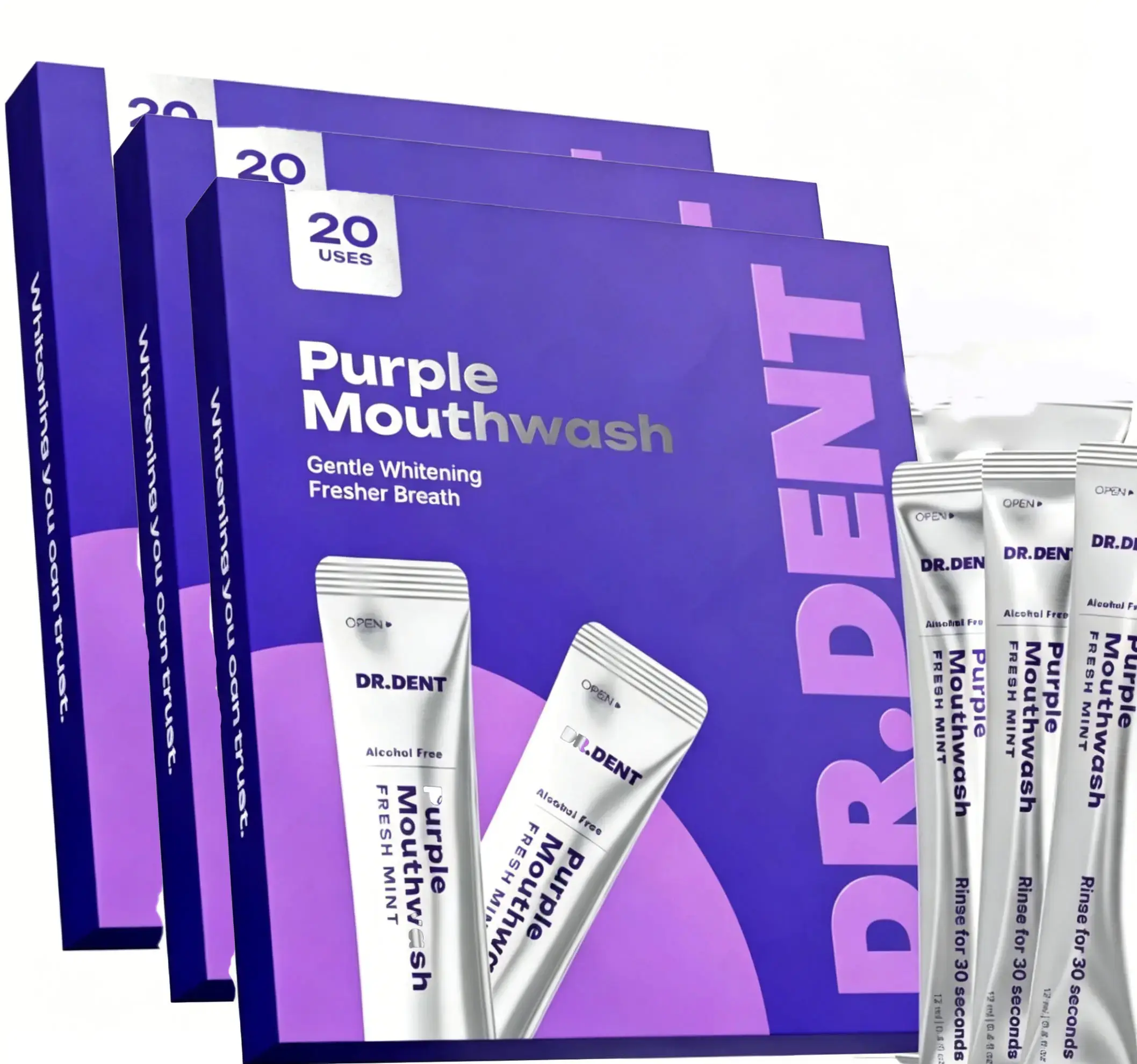 DR.DENT Portable Sachet Mouthwash 20 Pack, Alcohol & Peroxide Free Vegan Mint Purple Oral Rinse for On-the-Go Breath Refresh
