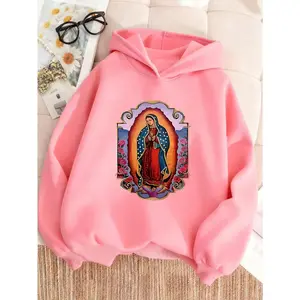 Girls' Pink Hooded Sweatshirt with & Religious Print - Soft Warm Winter Pullover, Spanish-Inspired Iconic Our Lady of Guadalupe Design, Casual Catholic Apparel for