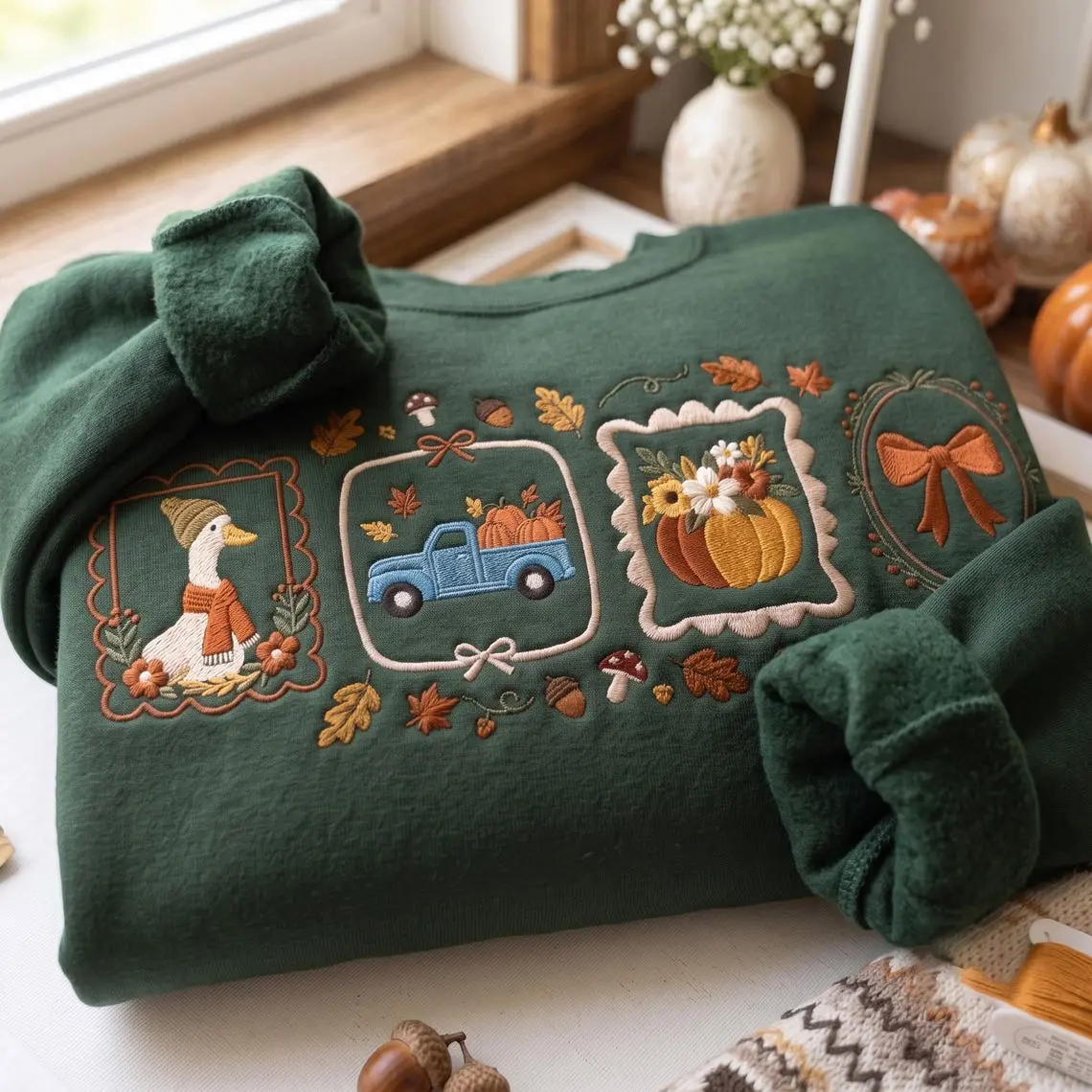 Embroidered Cottagecore Fall Farm Sweatshirt, Autumn Floral Goose Gardening Shirt, Cozy Season Crewneck, Plant Mom Tee, Autumn Girly Gift