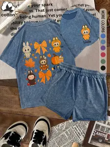 Washed cotton, two-piece women's "Labubu" Halloween pattern letter print T-shirt and shorts, casual short-sleeved T-shirt and shorts, women's four-season two-piece suit, women's clothing