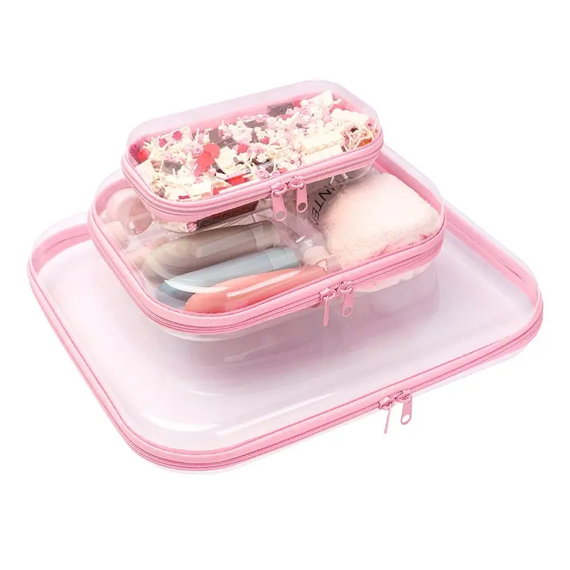 Transparent storage bags, transparent hard zippers, transparent plastic storage containers, portable storage for girls, various things, travel, makeup tools, jewelry boxes, toy storage bags, highly transparent home storage bags in pink