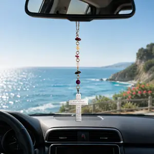 Christian Car Hanging Ornament for Rear View Mirror, Joshua 1:9 Engraved Stainless Steel Cross with Natural Healing Stone Beads, Religious Car Accessories for Women Men, Faith Gift for New Driver