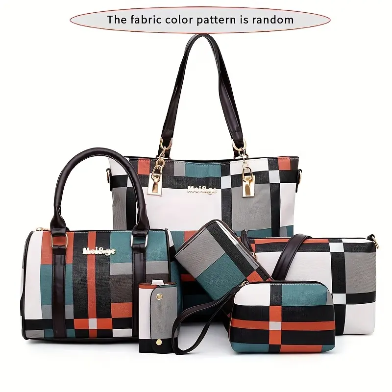 Women's Korean Style 6-Piece Tote Bag Set Large Capacity Plaid Crossbody Shoulder Handbag Simple Design