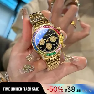 【SummerVibes】gold watch Luxurious rainbow gold watch  with a fully diamond-studded dial; multifunctional, stylish and elegant, waterproof and scratch-resistant—ideal for everyday wear or as a Mother’s Day gift, top choice.