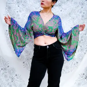 Paisley Bohemian Style Wrap Top, Boho Crop Top, Three Way Bell Sleeve Tie Top, Festival Fashion, Free Sprit Flow, Hippie Aesthetic, Fairy Core Fashion, Plus Size Summer Blouse, Retro Style, Wrap Blouse, Ruffle Sleeve Top, Handmade 70s Kimono, Flare Sleeve