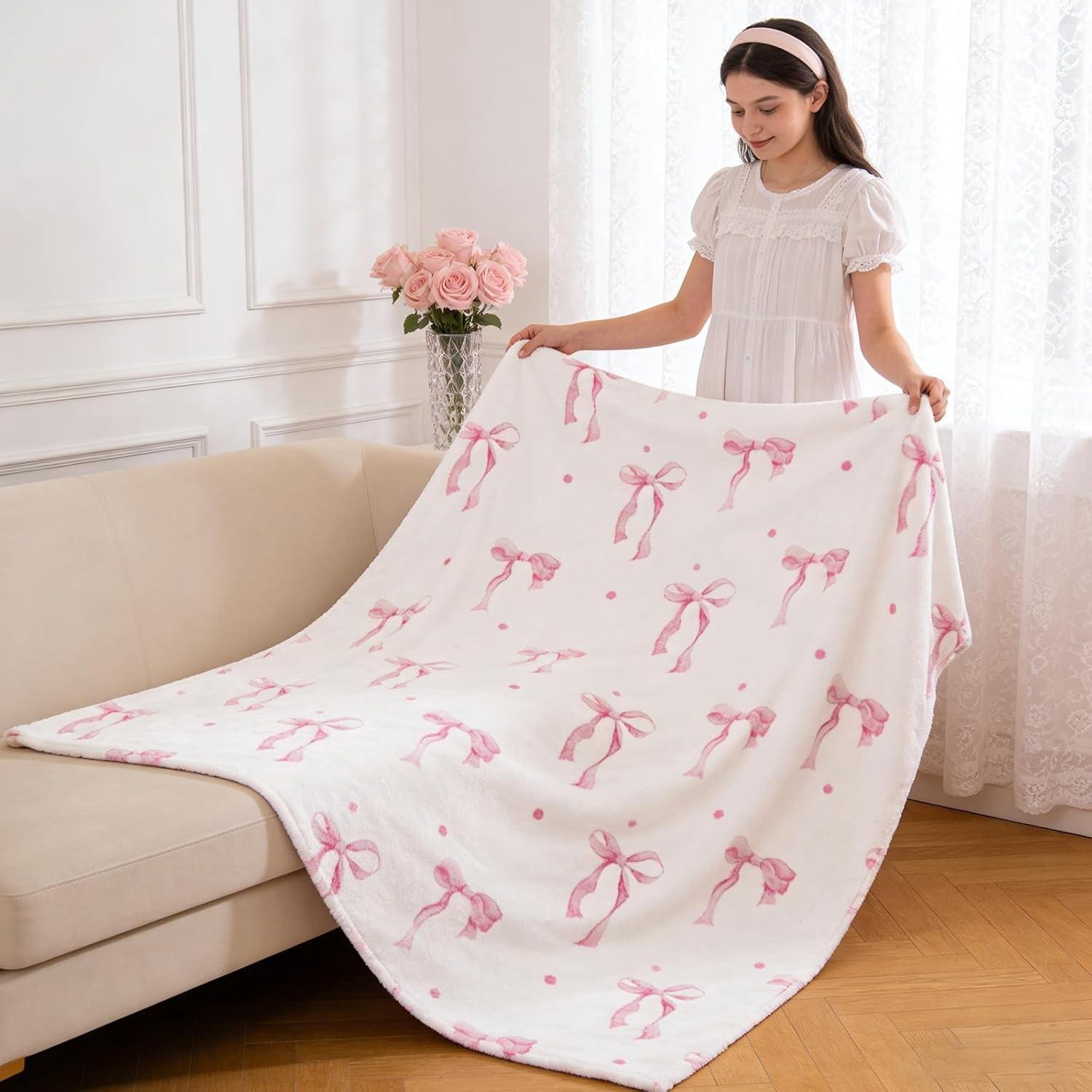Pink bow blanket, bow gift, Easter bow gift, suitable for girls, ladies and children, pink spring flannel blanket, beautiful bedding with bows, Kid blanket