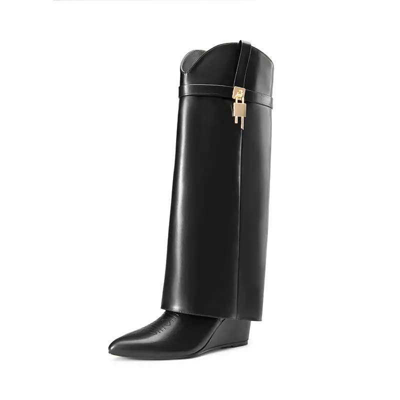 Dream Pairs Women's Pointed Toe Knee-High Wedge Boots, Vegan Leather Party Alternative Style Footwear with Fold-Over Cuff, Side Zip, Metal Lock Embellishment & Latex Covering, Stylish Fashion Apparel