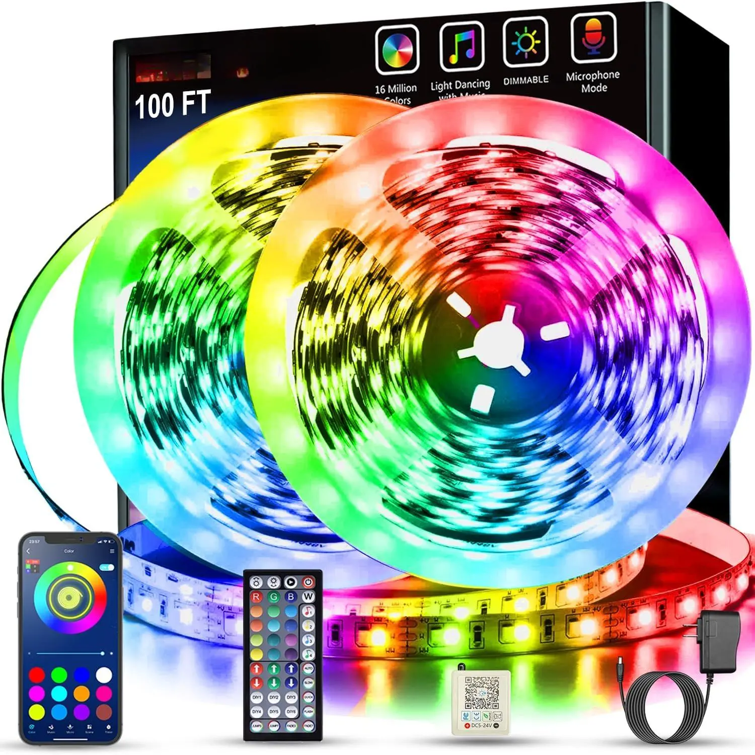 Led Lights for Bedroom 100 ft (2 Rolls of 50ft) Music Sync Color Changing RGB Led Strip Lights with Remote App Control Bluetooth Led light Strip, Led Lights for Room Home Decor Party