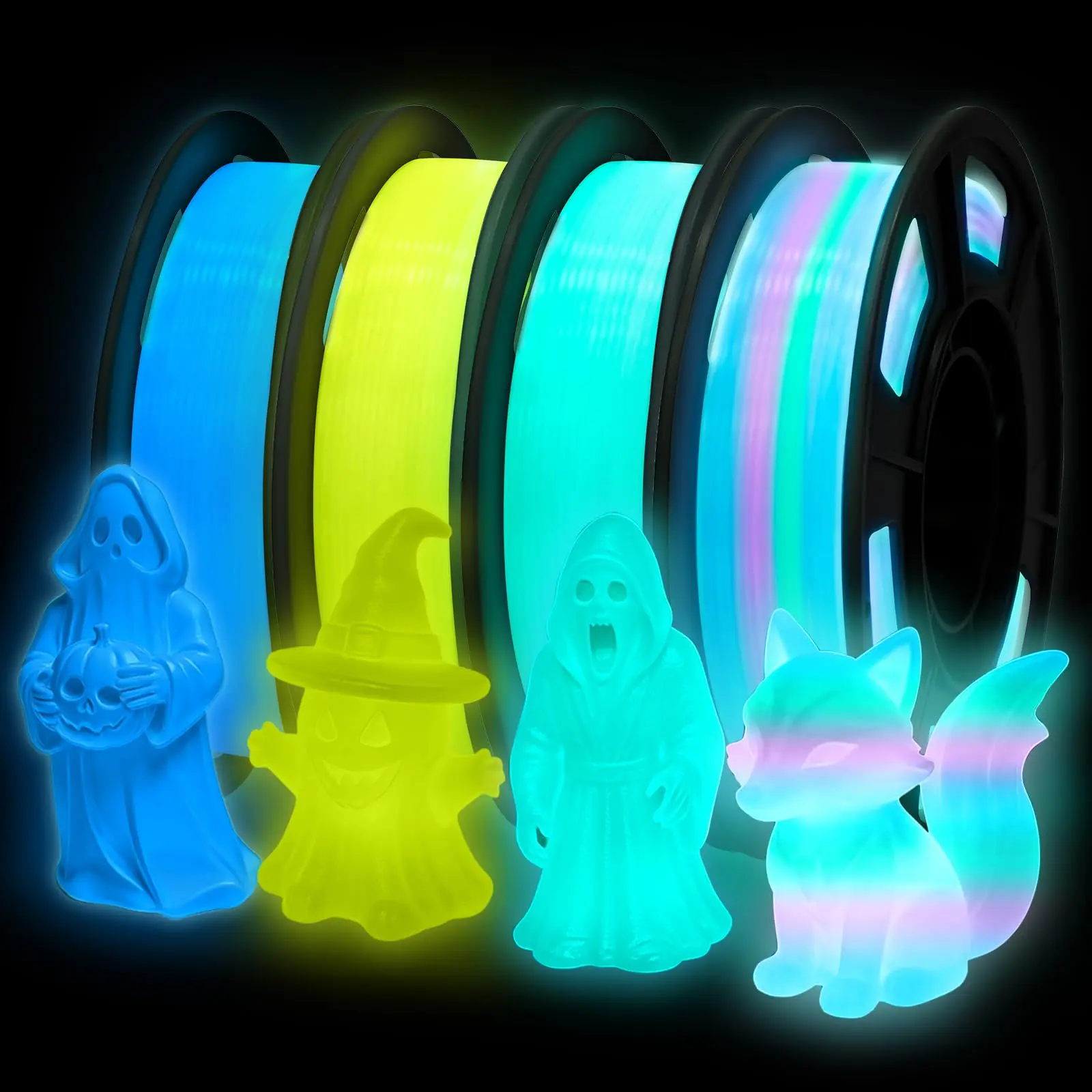 Glow in The Dark PLA+ 3D Printer Filament, 1.75mm Diameter, Enhanced Glow Effect, Multicolor for Most Printers, 250g*4 Spools - Blue, Yellow, Bluegreen, Rainbow Mix