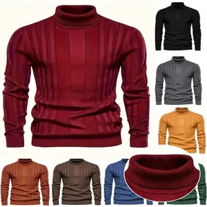 Turtleneck Knitted Sweater, Men's Casual Warm Solid High Stretch Pullover Sweater For Fall Winter