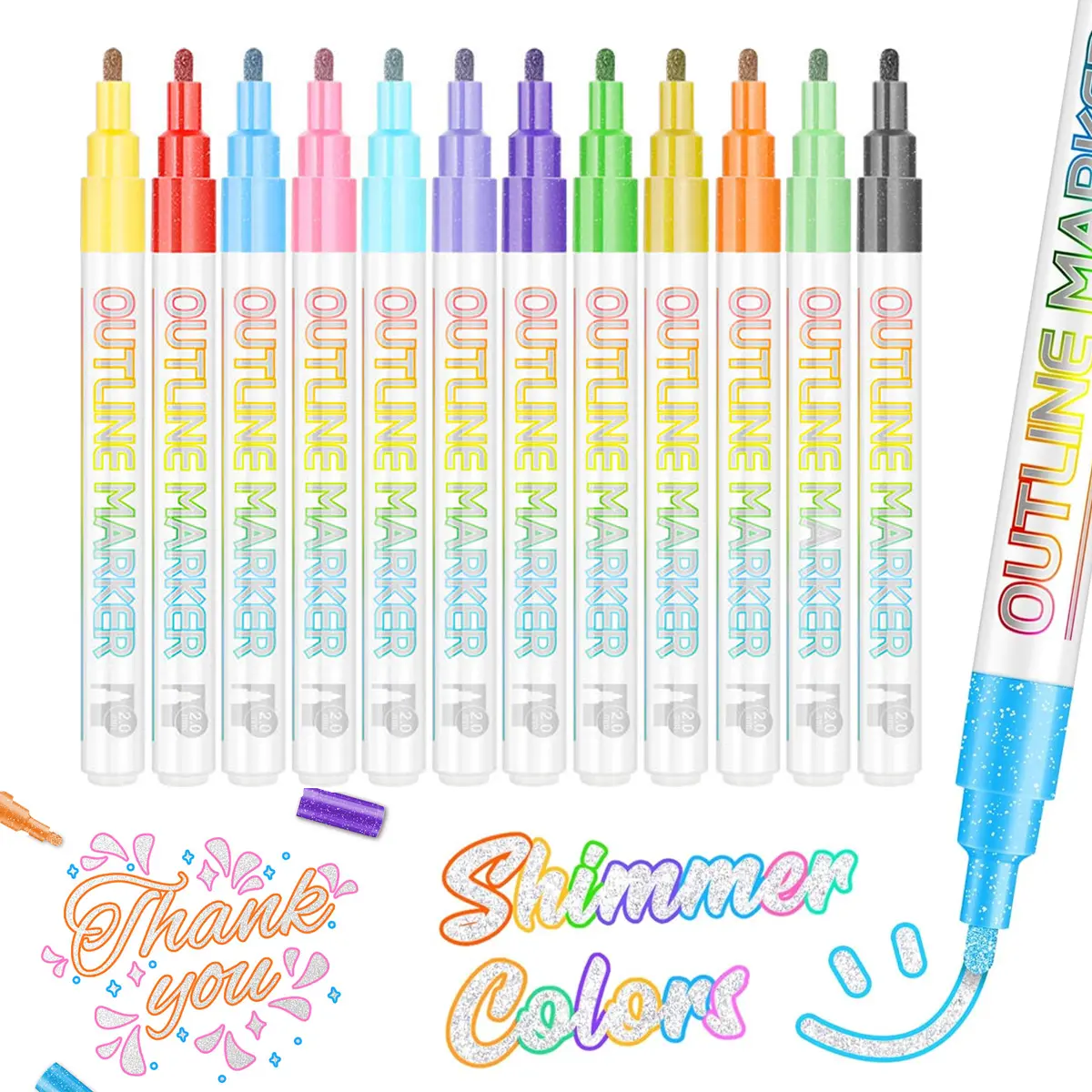 Outline Shimmer Markers - 12Colors Glitter Metallic Gel Pens for Doodling & Drawing | Self-Outline Double Line Markers for Journaling, Scrapbooking, Card Making | Art Supplies for Kids & Teens, Artist Drawing Pen, Colored Pen Set