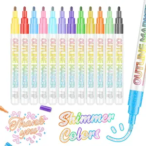 Outline Shimmer Markers - 12Colors Glitter Metallic Gel Pens for Doodling & Drawing | Self-Outline Double Line Markers for Journaling, Scrapbooking, Card Making | Art Supplies for Kids & Teens