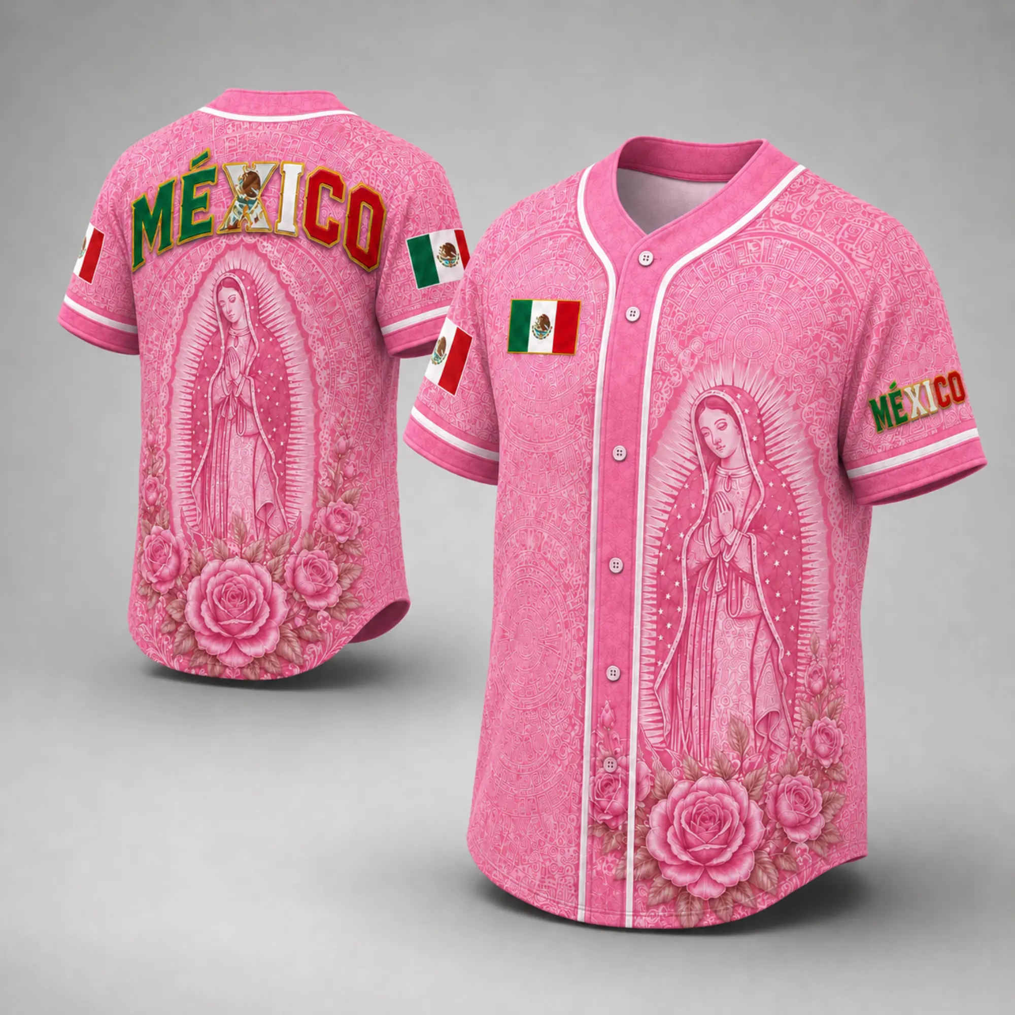 Mexico Light Pink Virgencita With Edition Iconic Jesey, Heritage Graphic Casual Summer Clothing, Limited 3D All-Over Print Outfit, Vintage Authentic Mexican Flag Details Perfect For Fans
