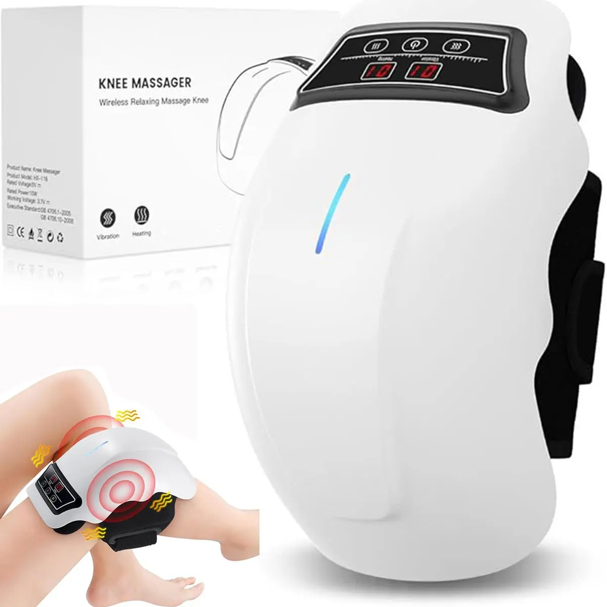 Cordless Knee Massager with Infrared Heat Vibration LED Screen & Red Light Portable Hands-Free Design for Relief