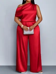 Women's Summer Fashion Casual Elegant Plus Size Fitted Jumpsuit, Sleeveless Asymmetrical Neckline Plain High Waist Straight Leg, Long Regular Fit
