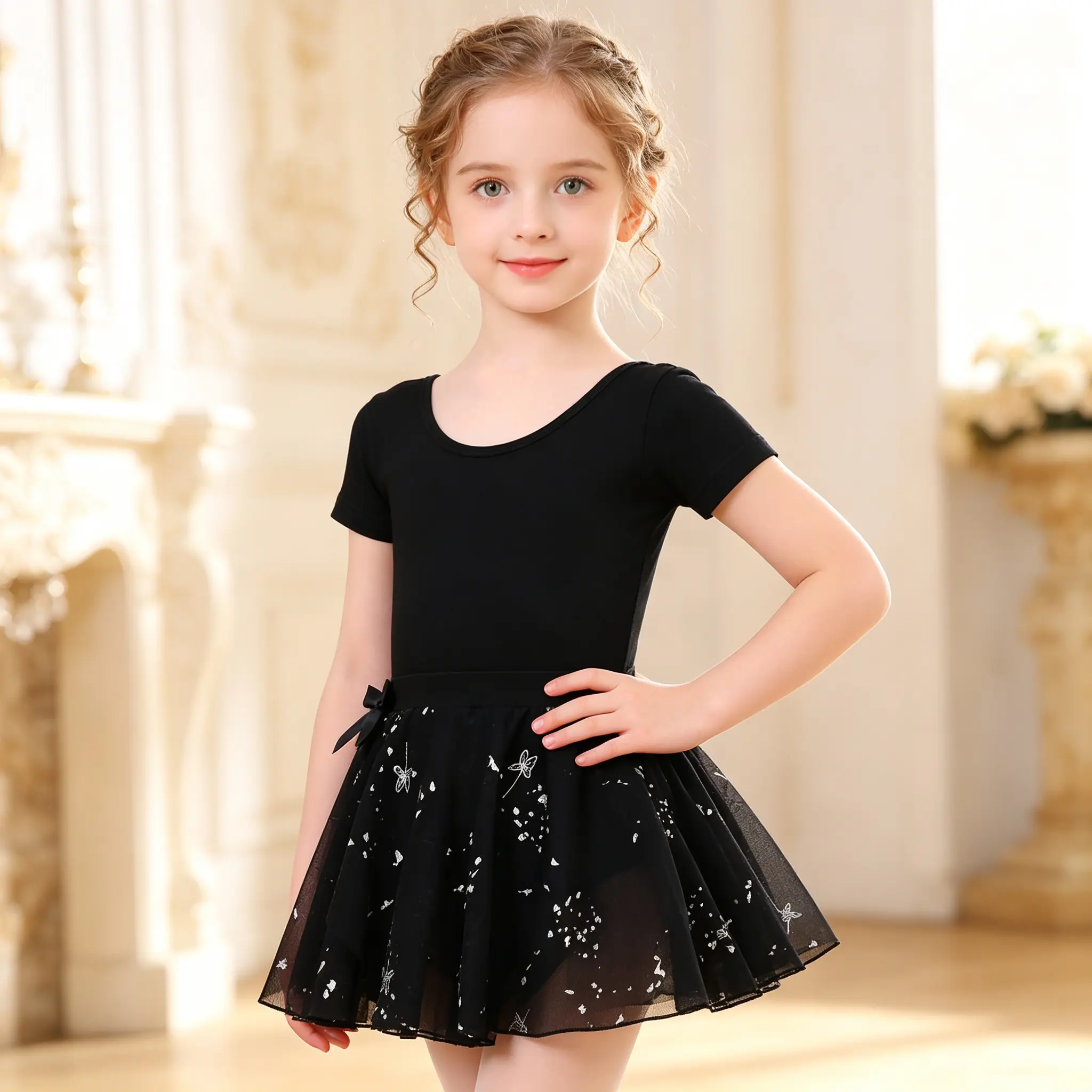 Little Princess Dance Outfit, Girls Short‑Sleeve Ballet Leotard with Tulle Skirt, Sparkly Silver Butterfly Print Dance Costume for Ages 3‑12, for Ballet Class, Stage Performance, Party & Daily Dance Practice