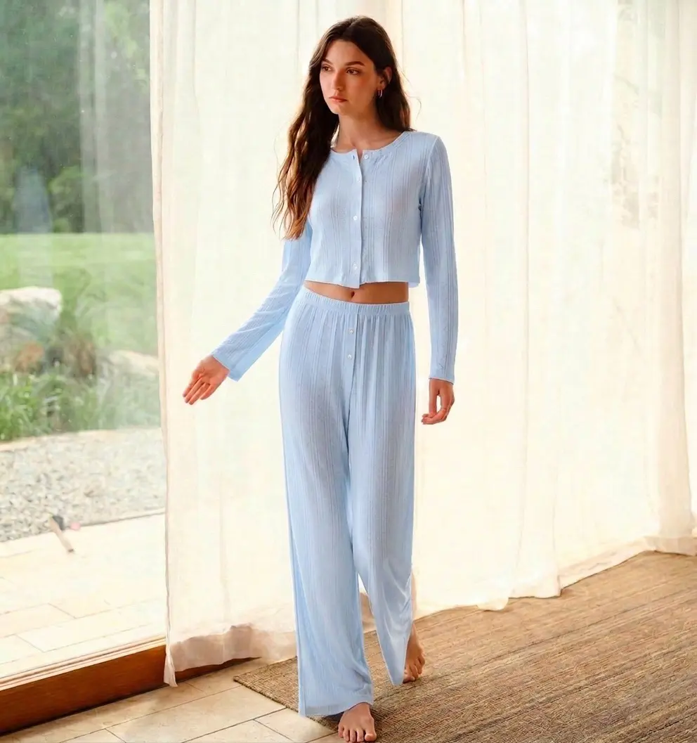 Women's Fall 2-Piece Cozy & Comfy Pointelle Knit Cotton Loungewear Set - Long Sleeve Cropped Top, Stretch Fabric Pants, Soft Breathable Nightwear