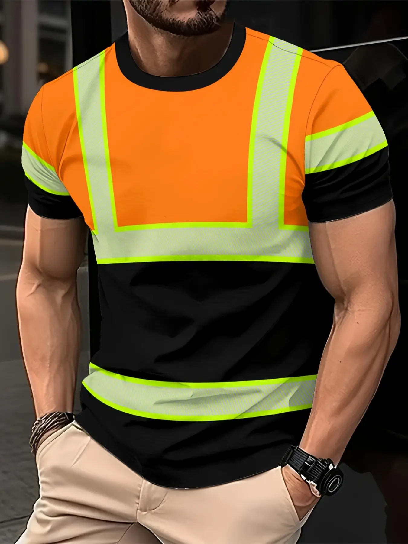 Reflective Stripe Short Sleeve T-Shirt, Unisex Safety Warning Workwear, High Visibility Casual Fitted Top, Reflectors, Safety Gear