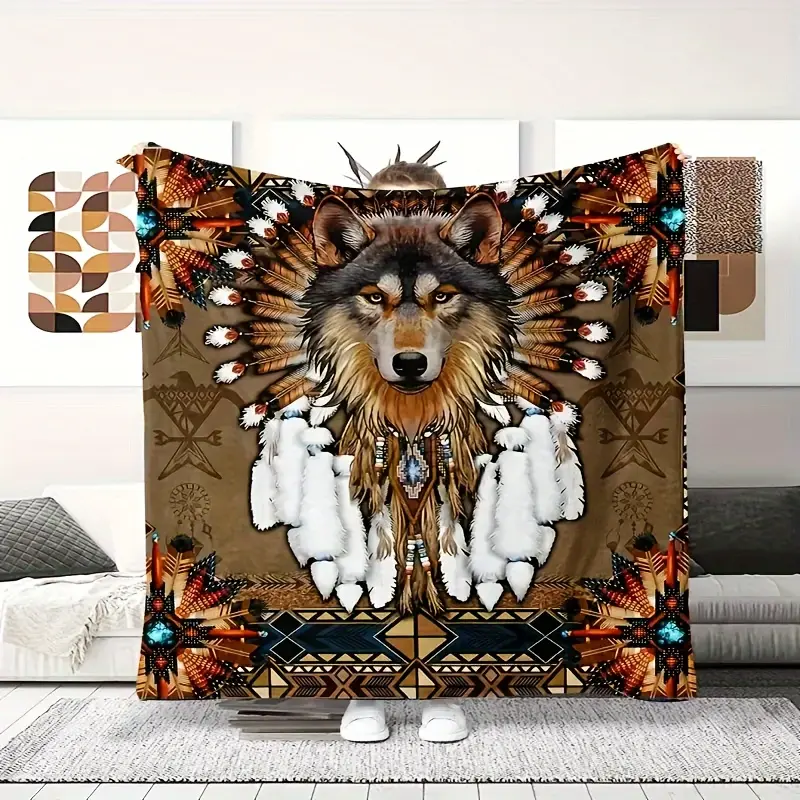 1pc Native Indian Blanket, Wolf Feather Print Flannel Blanket, Soft Warm Throw Blanket Nap Blanket For Couch Sofa Office Bed Camping Travel, Multi-purpose Gift Blanket For All Season
