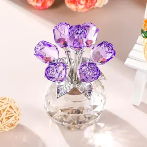Handmade Purple Rose Crystal Figurine with Vase - Office & Home Table Decor, Collectible Bouquet Ornament Gift for Women (Valentine's Day, Wedding Anniversary) perfect valentine