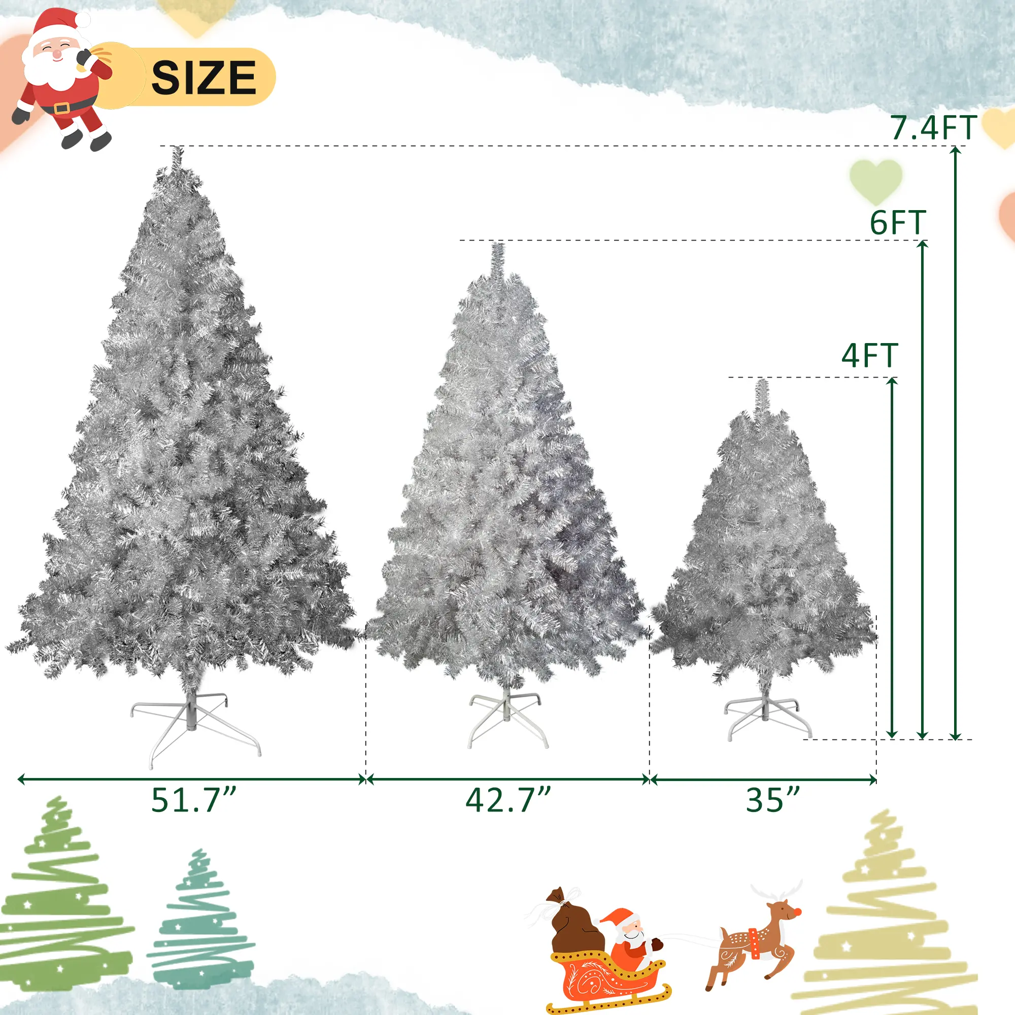 6FT Sliver Pre-Lit Artificial Christmas Tree, Hinged Full Tree with Metal Stand, 800 Branch Tips, 300 LED Lights,11 Lighting Modes, Holiday Decoration Tree for Indoor and Outdoor