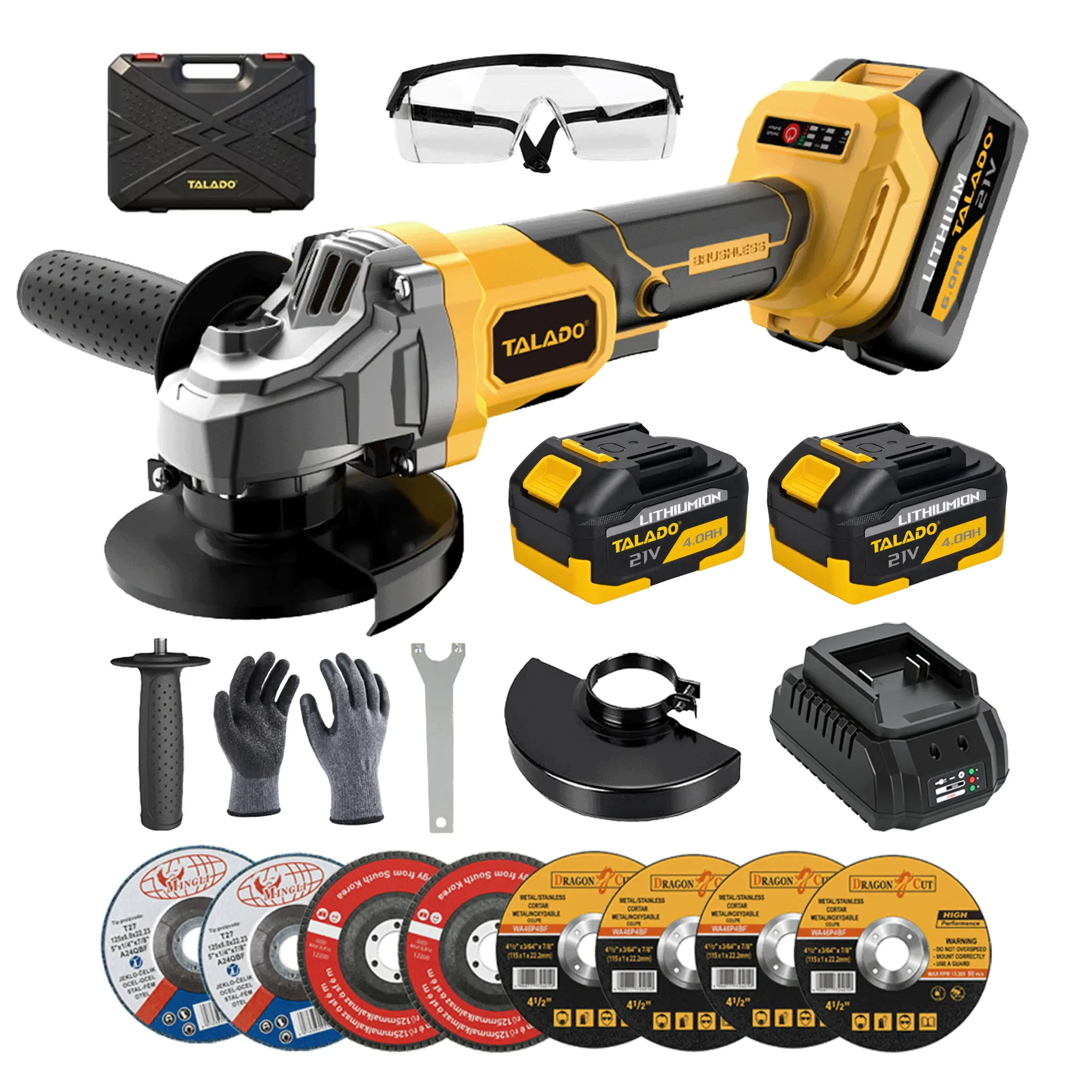 TALADO 21V Brushless Cordless Angle Grinder Full Kit, 4.5in Lightweight Metal Grinder (1.5kg) with 2x4.0Ah Batteries, Charger, 3-Speed (8500 RPM), Tool-Free Disc Swap, Cutting/Flap Wool Wheels for Garage Workshop Rust Removal