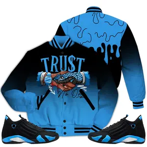 Black University Blue 14s Outfit Varsity Jacket, Drip Trust No One Shirts Match Sneaker Baseball