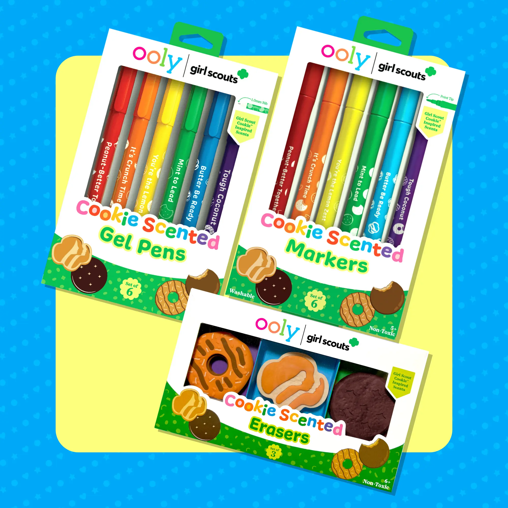 OOLY x Girl Scouts Cookie Scented Office Stationery Set - 0.7mm Markers, Gel Pens, Acid-Free Erasers - Unisex Back-to-School Writing & Correction Tools - Great for Journaling, Trading, Gifting, Party Favors - For Cookie Fans Ages 5+