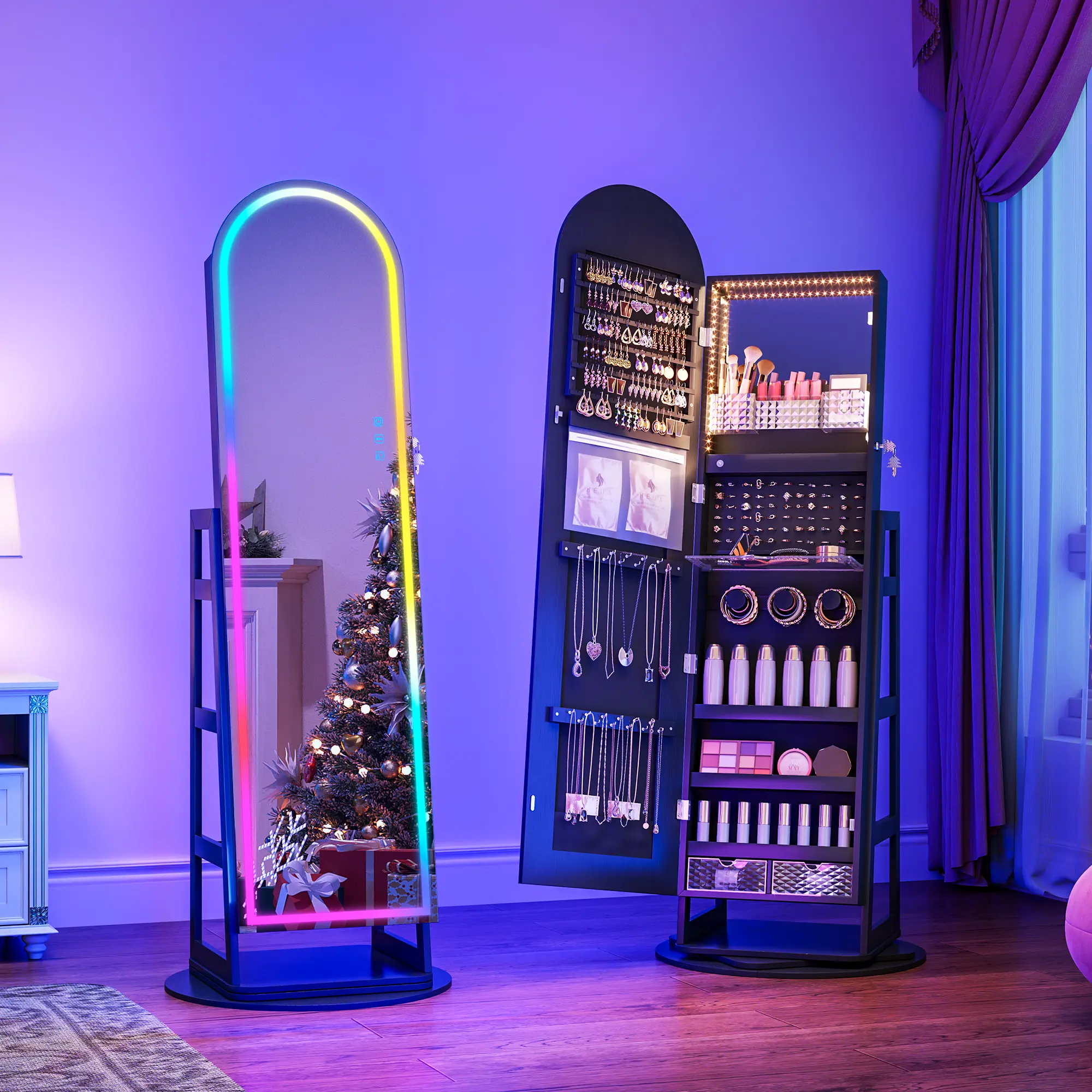 Dystler Vanity Standing Mirror Jewelry Cabinet with RGB LED Lights, 360° Swivel Base, Lockable Full-Length Mirror Armoire, Multi-Slot Storage Shelves Organizer, Requires Assembly, Gift for Women
