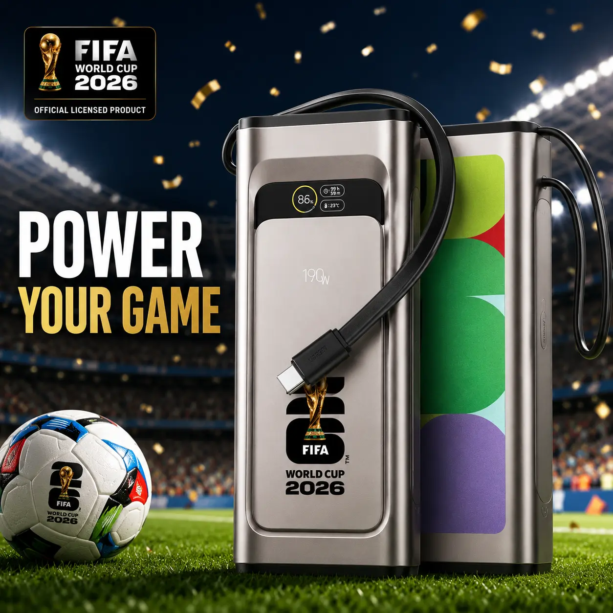 FIFA World Cup 2026 190W Laptop Power Bank with Built-in Cable, 20000mAh, 2-Port, Smart Display, TSA Approved Power Bank for Laptop, MacBook, iPhone 17/16, Galaxy, Smartphone, Mobile, Portable, Device
