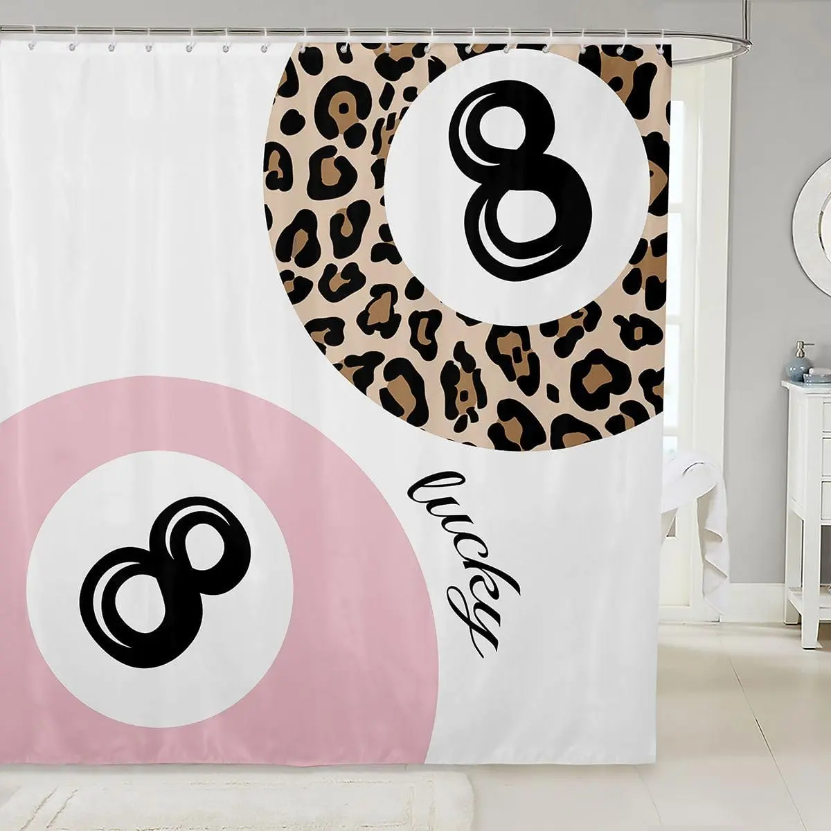 Trendy Leopard Print Shower Curtain Modern Art Cheetach Fabric Shower Curtain,,Y2K Aesthetic Lucky 8 Ball Bathroom Shower Curtain Sets Pink White Brown Bath Curtains