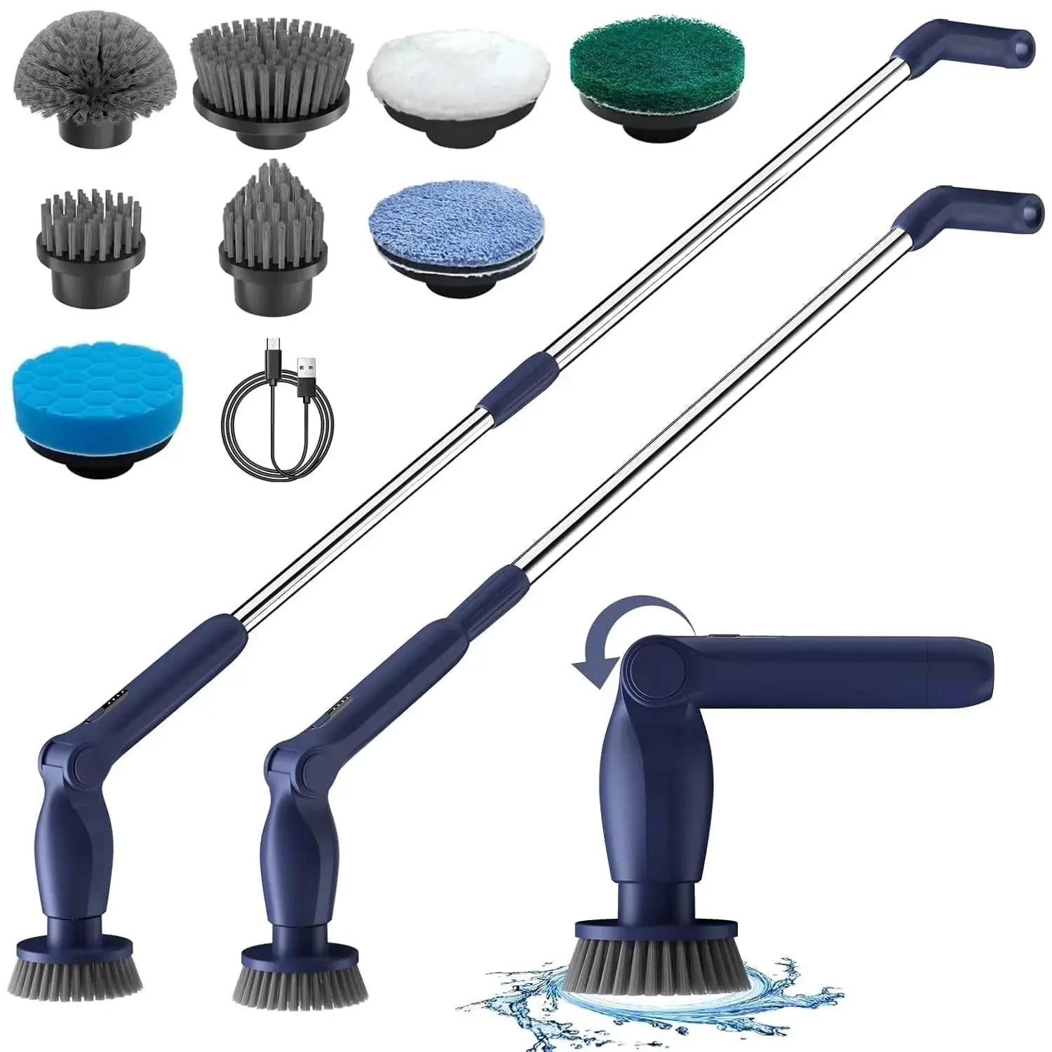 Leebein Electric Spin Scrubber, Cordless Bath Tub Power Scrubber with Long Handle and 8 Replaceable Brush Heads, Shower Cleaning Brush Household Tools for Bathroom, Floor Tile ,Car