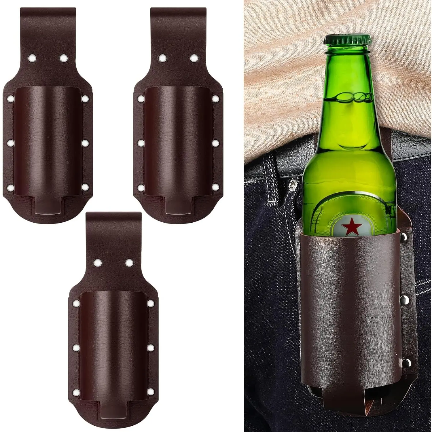 3 Pcs Classic PU Leather Mexican Beer Holster Bottle Holders - Work-Friendly Waist Bag Drink Belt with Iconic Mexican Motifs for Bar, Camping, Hiking, Outdoor Festivals Use