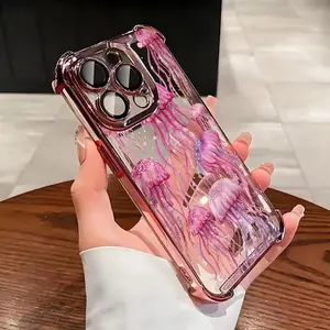 Trendy Pink Jellyfish Phone Cases for iPhone 17 Promax 16 15 Plus 14 13 12 11, Fashionable Ins Four Corner Airbag Anti Fall and Drop Simple Transparent Soft Cover Give To Friends, Family, Boyfriend, Girlfriend As A Gift