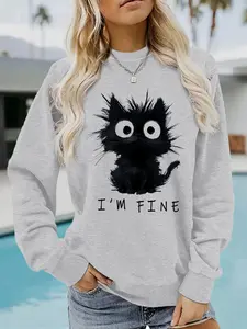 Women's Casual Everyday Fitted I'm Fine Cat Pattern Pullover, Soft Long Sleeve Round Neck Sweatshirt, All-Season Comfort